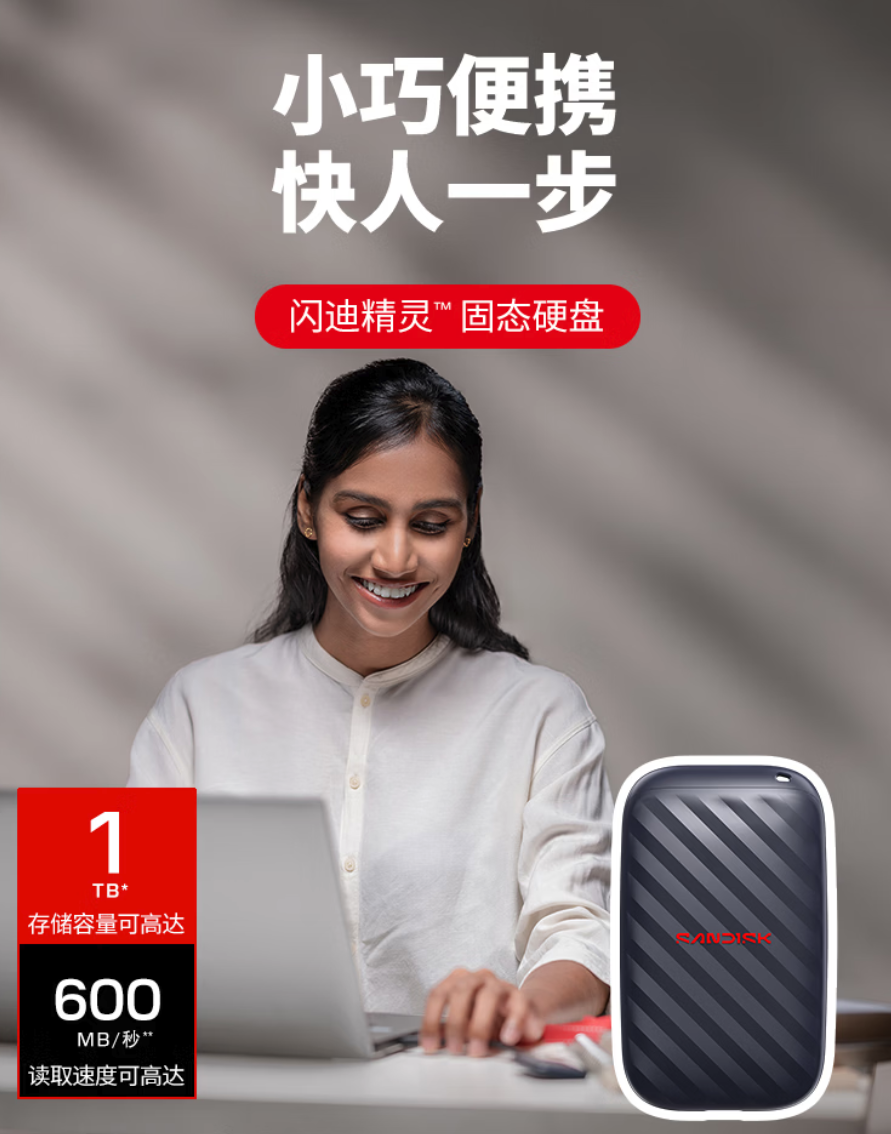 闪迪推出精灵1TB移动固态硬盘 首发到手价869元